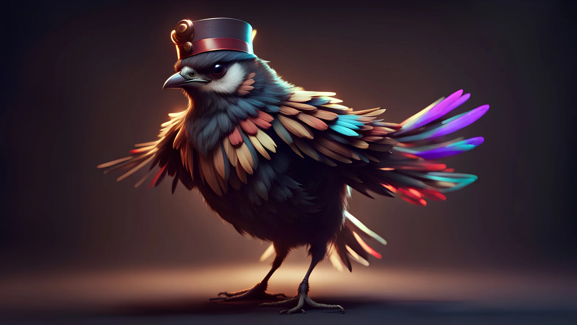 Creepy Dark mystical sparrow wearing circus outfit standing and flapping feathers, HD videogame character with dynamic lighting