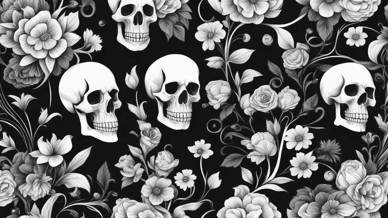 tracery of flowers and skulls, black and white, minimalistic