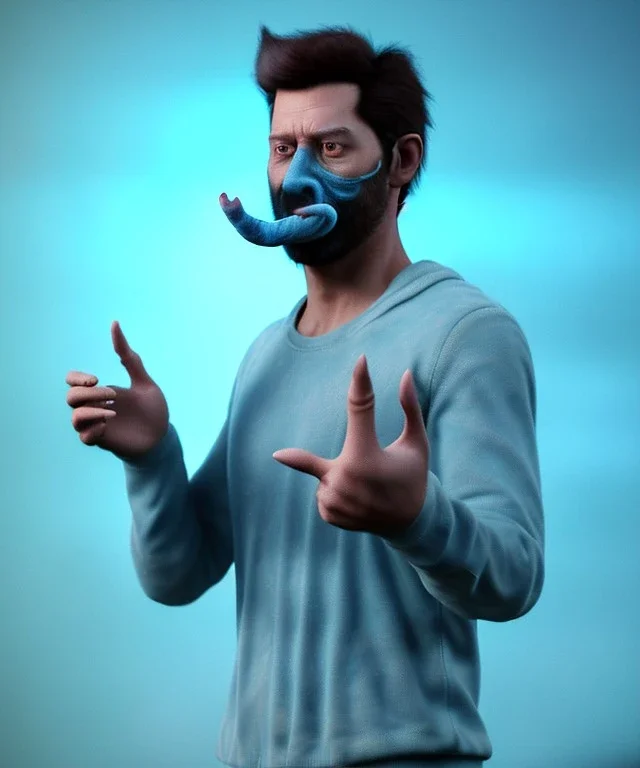 Realistic image, a guy making the fuck you gesture with his hand, blue smoke coming out of his eyes, nose and mouth. Happy, smile, soft color, highly detailed, unreal engine 5, ray tracing, RTX, lumen lighting, ultra detail, volumetric lighting, 3d, finely drawn, high definition, high resolution.