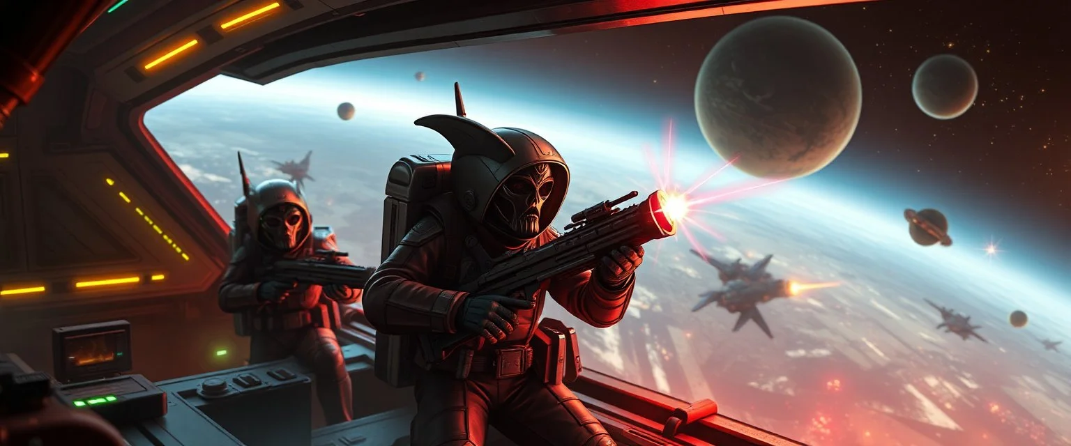 cowboy astronauts in a spaceship cyberpunk warhammer madness, alien hiding in the shadows, space alien Abjurer Wizard