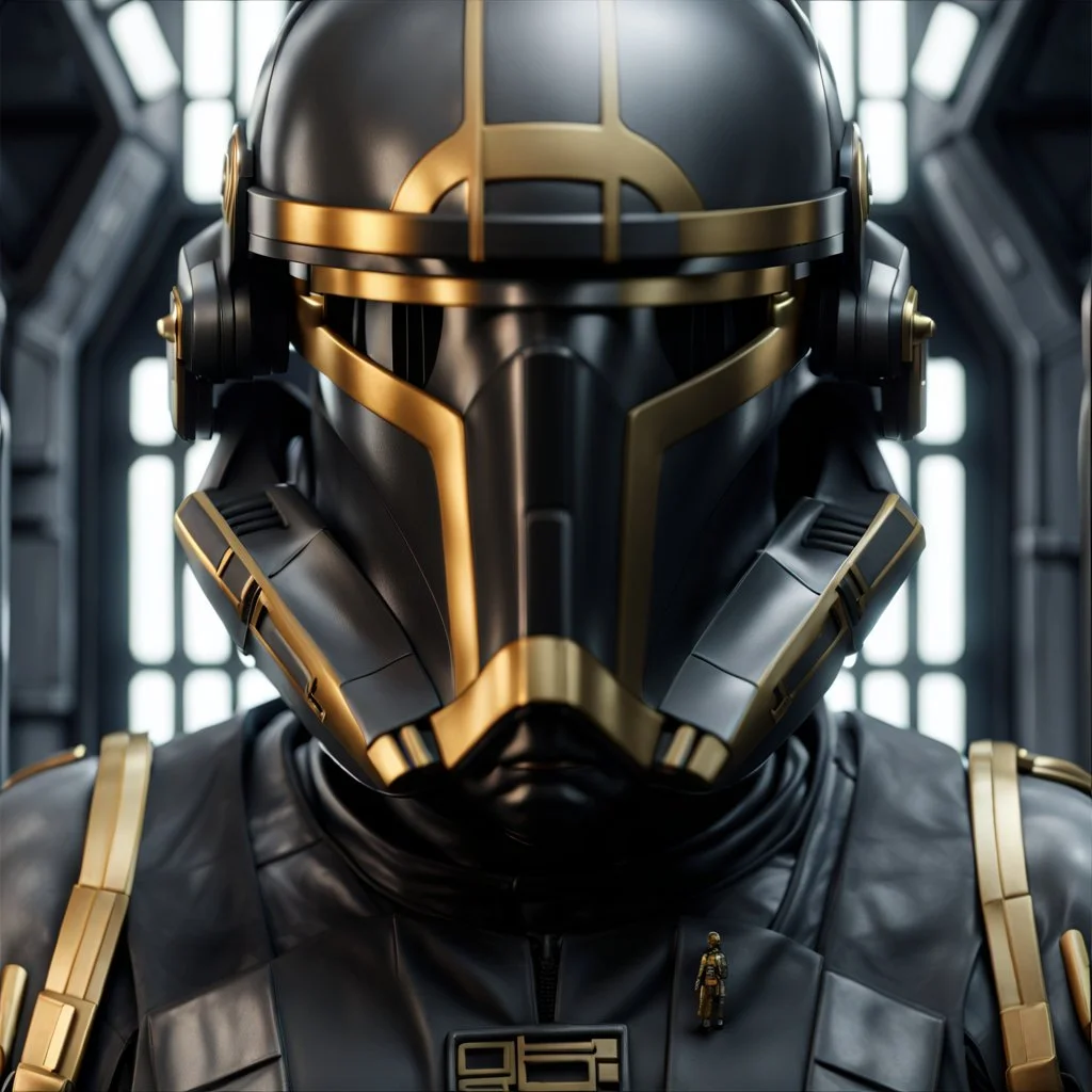 star wars bald male corellian pilot wearing pearlescent black and gunmetal grey First Order special forces heavy assault armor and helmet with gold trim inside the jedi temple, centered portrait, hyperdetailed, dynamic lighting, hyperdetailed background, 8k resolution, volumetric lighting, light skin, fully symmetric details