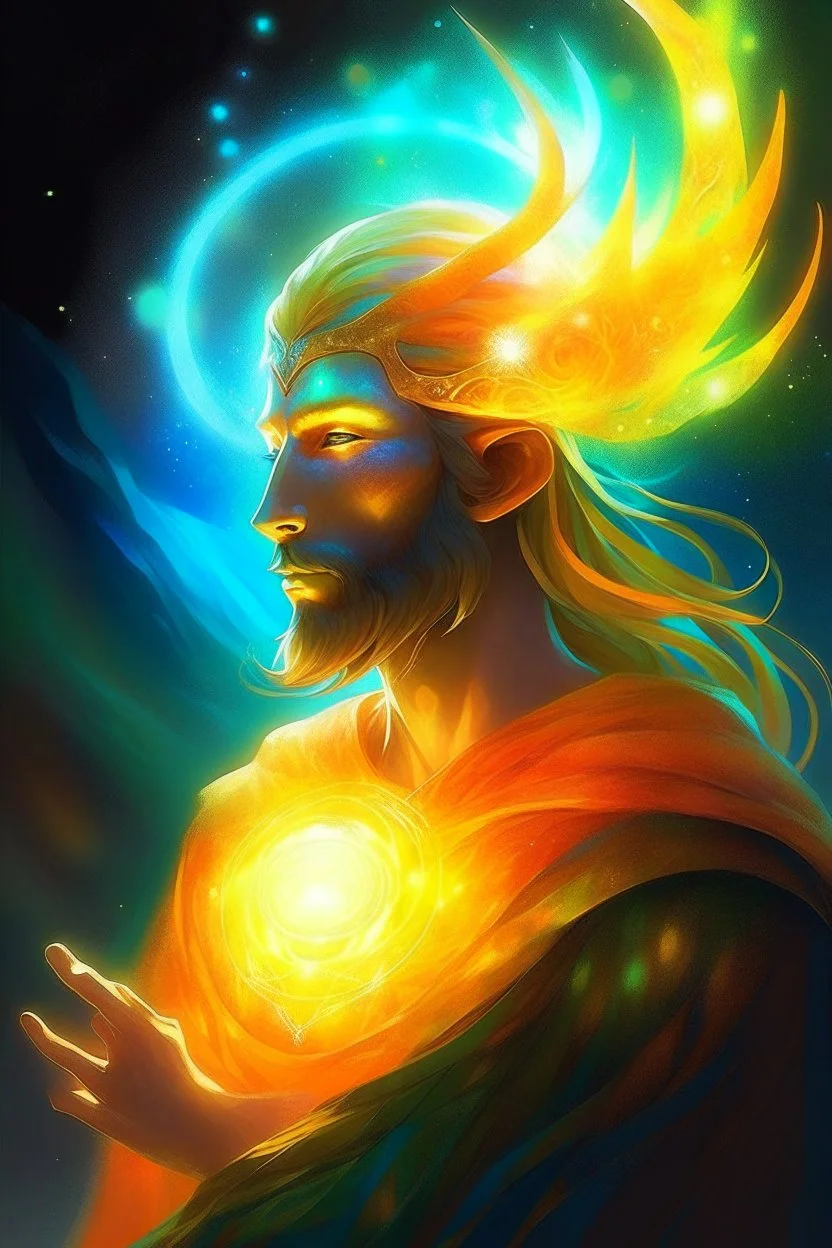 prismatic hair ethereal transparent prism astral projection Eladrin Male antlers druid beard sparkling radiance prismatic shining starlight enshrouded glowing hot sunlight warm orange