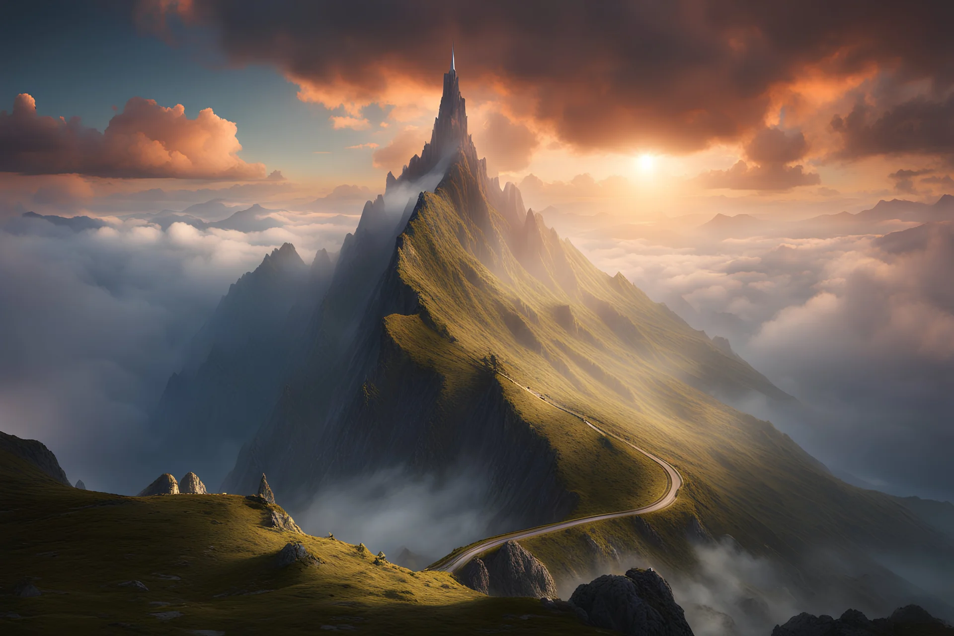 A steep massiv mountain with a needle thin tower on the top reaching the clouds. fantasy concept art, exquisite realism, a masterpiece, dynamic lighting, hyper detailed, intricately detailed, deep color, Unreal Engine, volumetric lighting , Epic cinematic brilliant stunning intricate meticulously detailed dramatic atmospheric maximal,