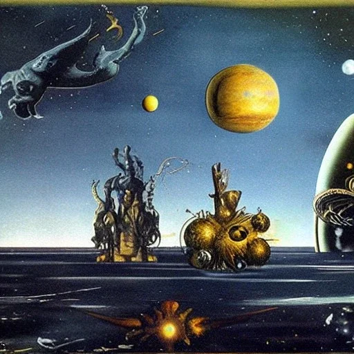 starships versus space monster in the cosmos by dali