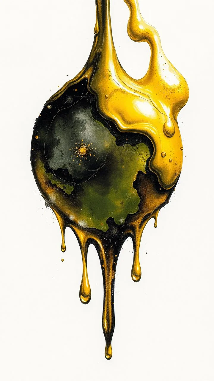 art illustration in the style of Luis Royo, large droplets of viscous and syrupy fluid, burnished jade, planet earth in crystal shape , golden yellow, ink black
