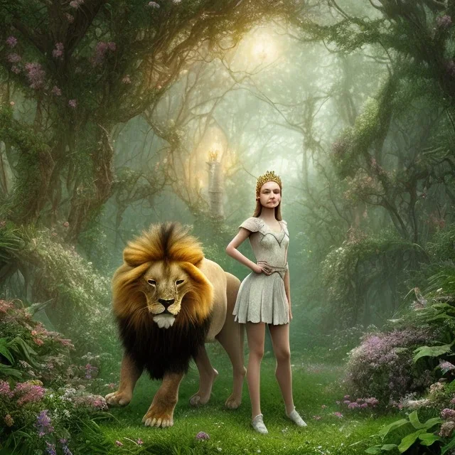 Young beautiful girl with floral crown standing next to a stunning lion on nature forest path, Chronicles of Narnia, 8k resolution, high-quality, fine-detail, iridescent, intricate, digital art, detailed matte, volumetric lighting, beautiful, illustration, 3D octane render, brian froud, howard lyon, selina french, anna dittmann, annie stokes, lisa parker, greg rutowski,
