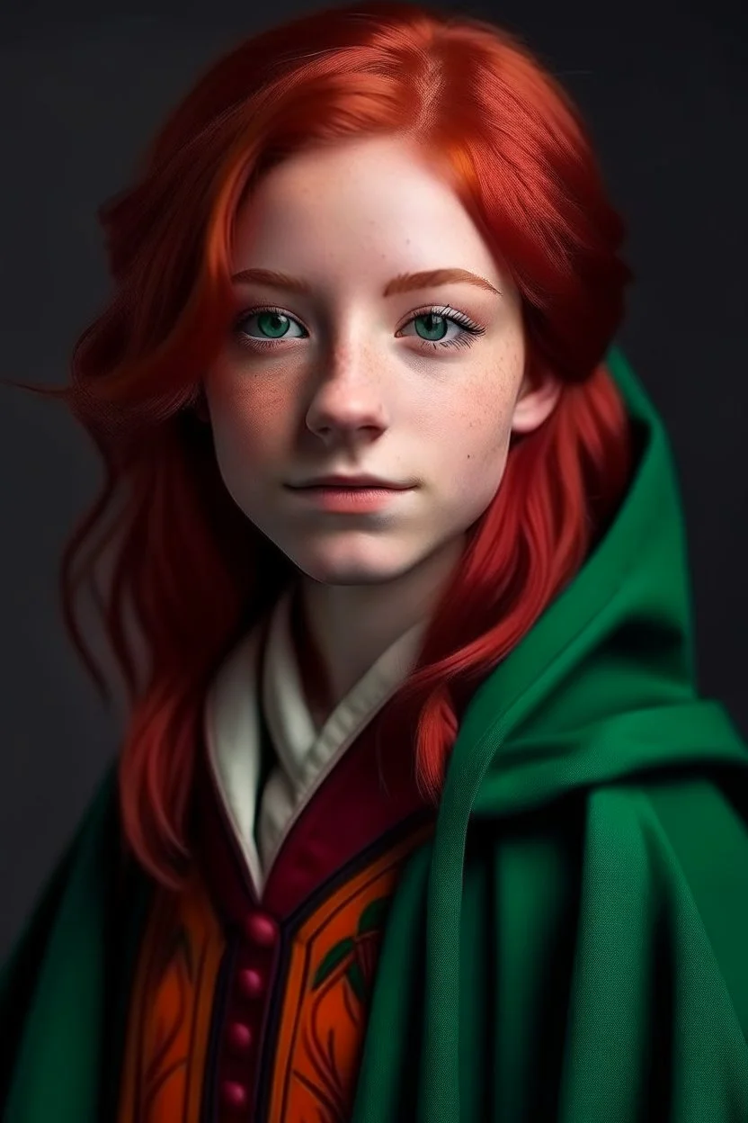 A pretty girl with red hair and green eyes and she is wearing a Hogwarts robe