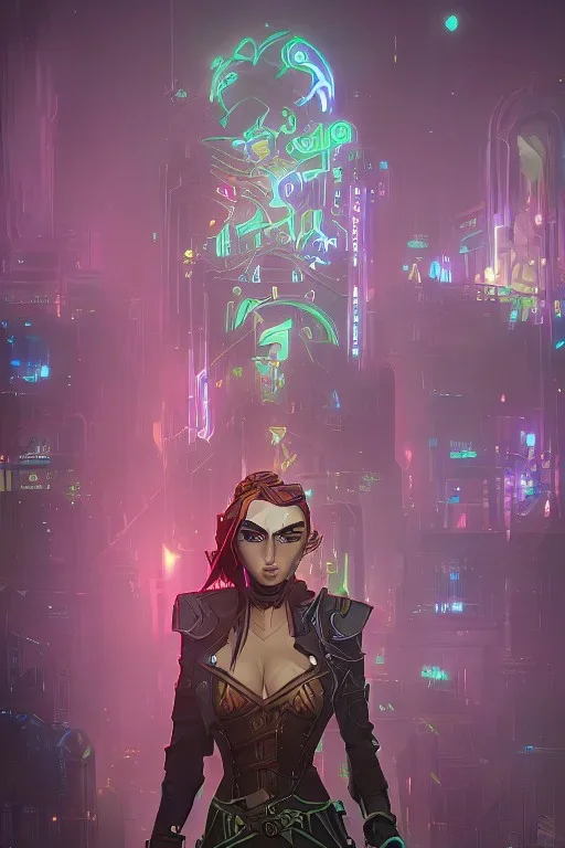 steampunk elf in a neon dystopian city