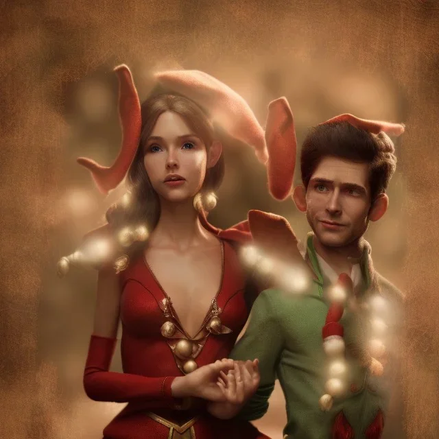 two elves. woman and man. Christmas scene. poster. marvel comic. low-key