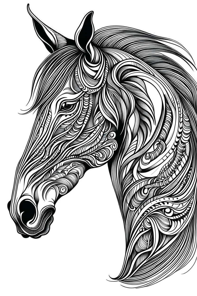 realistic horse head tattoo idea, line art, background, vector, svg, black outline on white background, leave plenty of white space beetween lines for coloring, tattoo style, tattoo idea,full body, minimalist