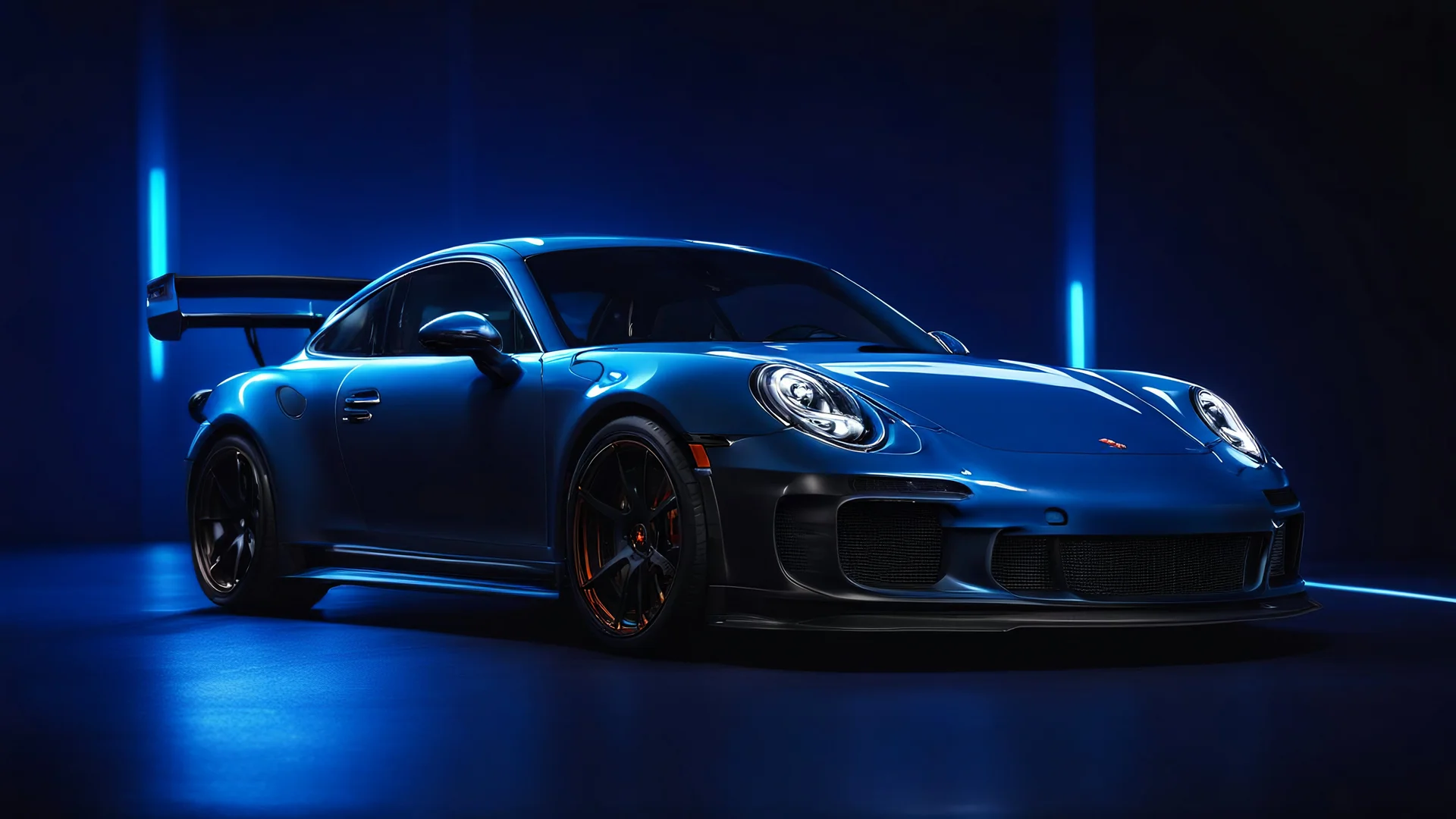 porsche 911 gt3 rs car, black and blue, neon light background