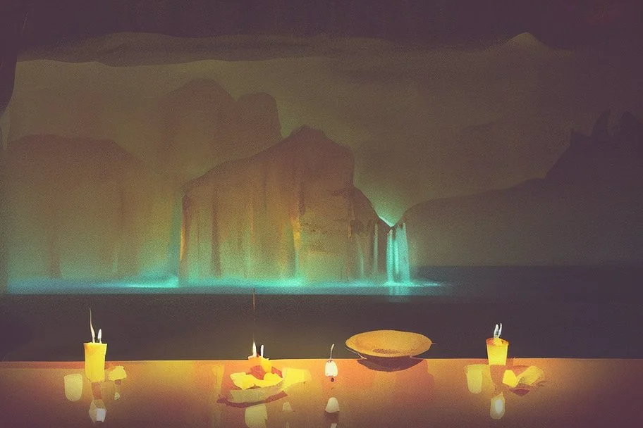 ochre caricarure of dinner in candlelight, double exposure waterfall landscape at night