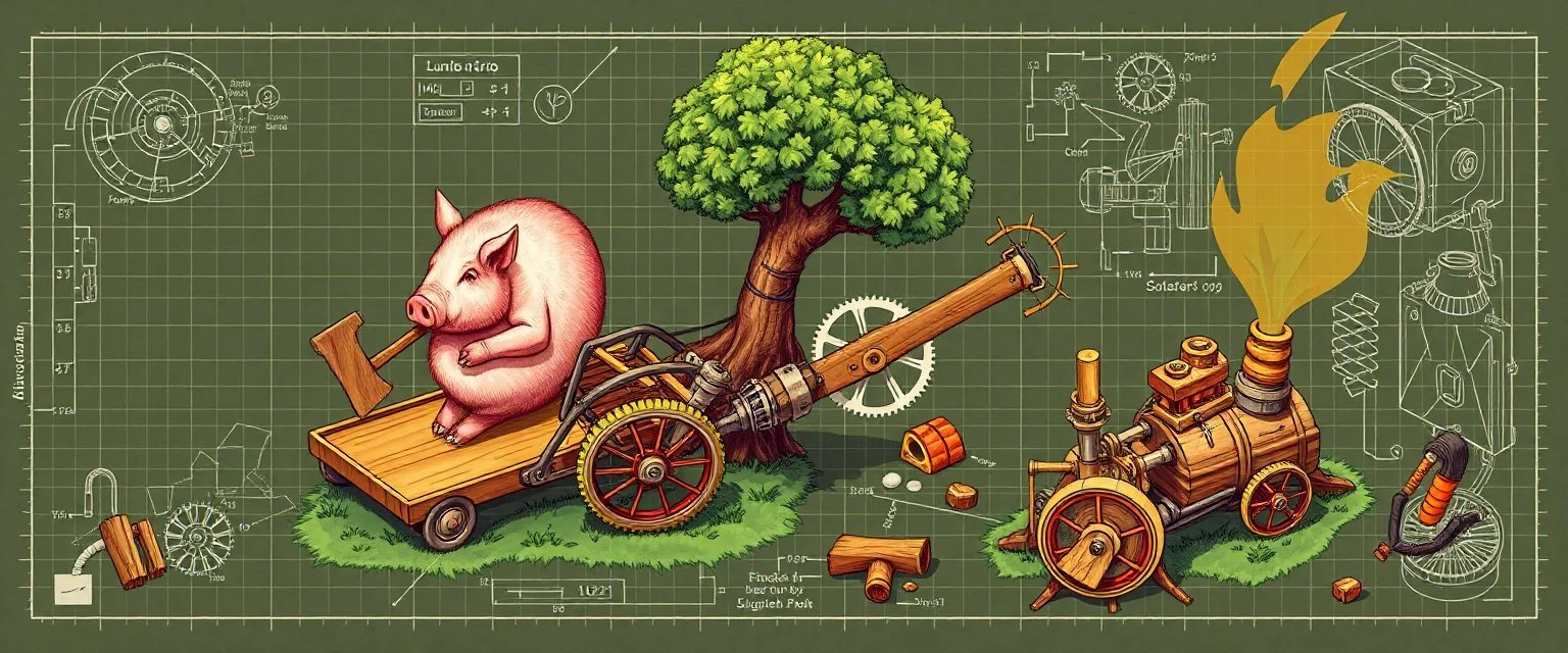 put a fucking tree in the picture ok? we see a pig in action chopping down trees with the lumbotron, isometric blueprint of hi tech metal gear Gnome invention, winning prize at gnome convention, The Lumb-O-Tron A jury-rigged combination of a cart, pulley system, and an axe designed to chop down trees. The motion is powered by {a yoga pig in a wheel treadmill spurred by a carrot on a stick | a crude stationary bicycle | a tiny steam engine heated by a red pseudodragon in the chamber}
