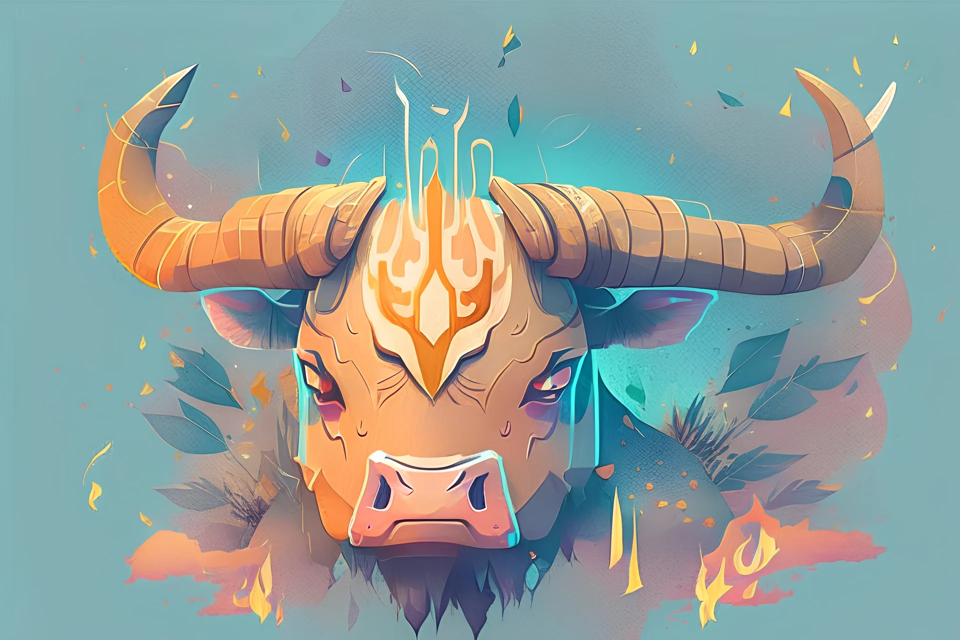 A detailed illustration face of a ninja LONGHORN CATTLE, fire, t-shirt design, herbs splash, t-shirt design, in the style of Studio Ghibli, pastel tetradic colors, 3D vector art, cute and quirky, fantasy art, watercolor effect, bokeh, Adobe Illustrator, hand-drawn, digital painting, low-poly, soft lighting, bird's-eye view, isometric style, retro aesthetic, focused on the character, 4K resolution, photorealistic rendering, using Cinema 4D, purple, blue, magenta