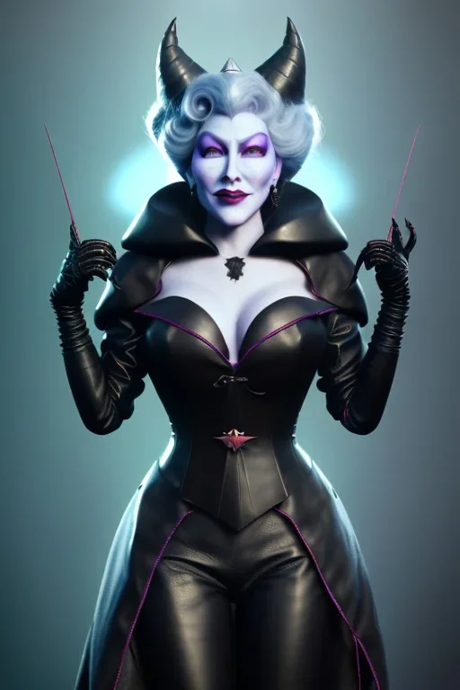 Mae West as evil queen in black leather, leather, busty, cleavage, angry, stern look. character design by cory loftis, fenghua zhong, ryohei hase, ismail inceoglu and ruan jia. unreal engine 5, artistic lighting, highly detailed, photorealistic, fantasy