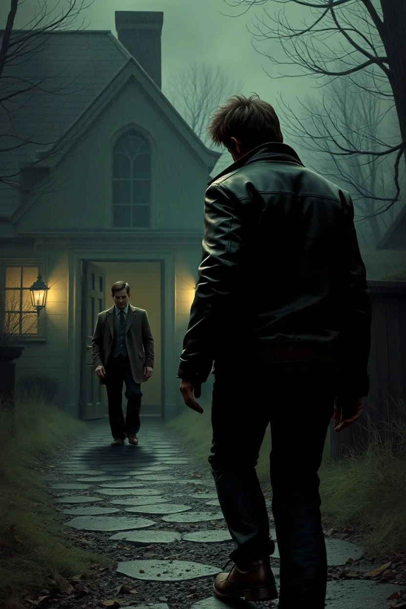 Suddenly, the silence is broken by the crunch of footsteps. Kent turns to see a man approaching—a stranger in a worn leather jacket, with sharp eyes that seem to pierce through the growing darkness. Kent tenses, instinctively stepping back toward the mansion’s doorway.