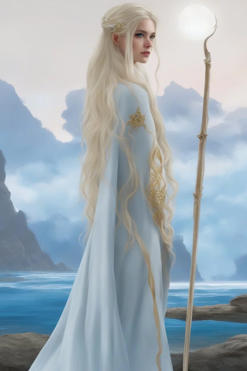 Moon queen long white hair, black robes, blue eyes