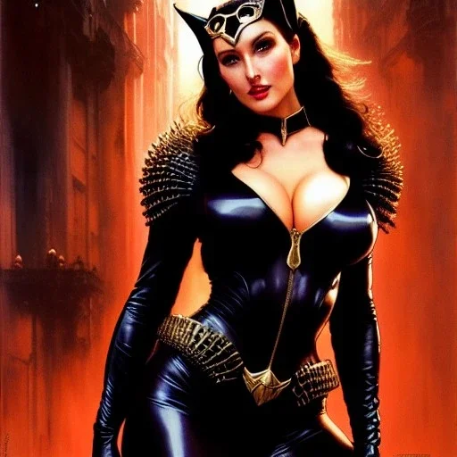 Drawing of beautiful face,'beautiful ,Busty CAtWoman',intense stare, ancient skintight armor, balanciaga fashion clothe painting by gaston bussiere, greg rutkowski, yoji shinkawa, yoshitaka amano, tsutomu nihei, donato giancola, tim hildebrandt, Oil on canvas, cinematic composition, extreme detail,fit full head inside picture,16k