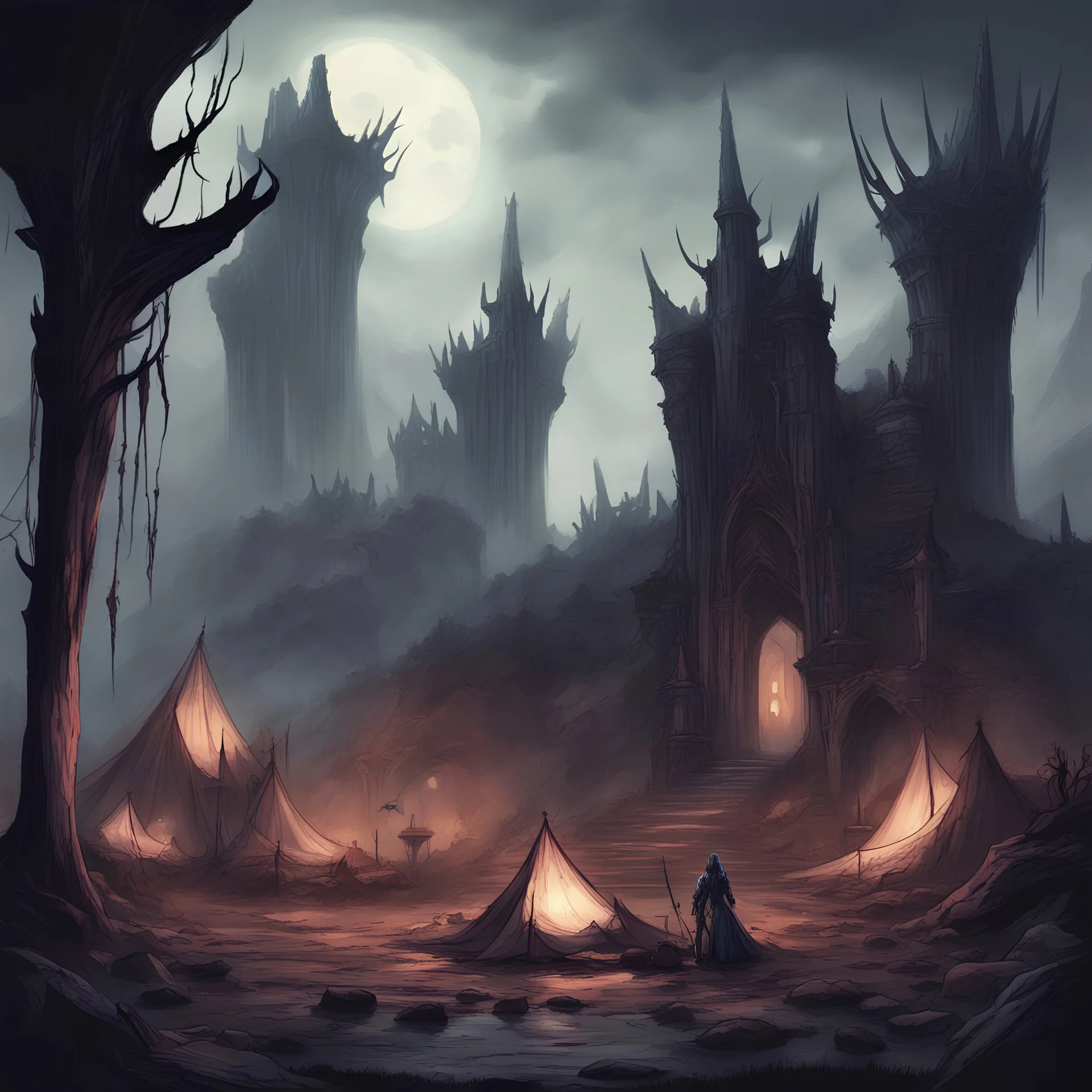 setting up camp in a Daedric ruin dedicated to Vaermina, Prince of Dreams and Nightmares so the night will be full of strange dreams and stranger nightmares, in magna art style