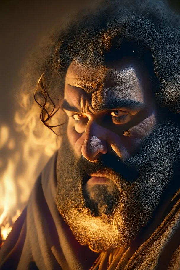 close up photography of a giant tall 55 year old burly angry chubby arab bearded, curly hair, long beard, manly chest, traditional robe, bulge, angry eyes , photorealistic, ambientmidnight, lit by bonfire, ambient occlusion, occlusion, side light , sitting in the desert