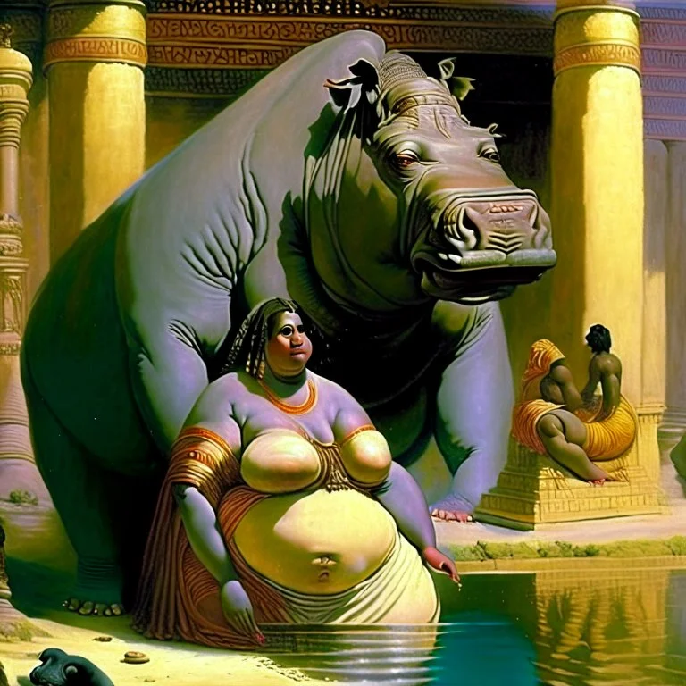 scene from Egyptian mythology. The hippopotamus goddess Tavaret. She has the body of a woman and the head of a hippopotamus.