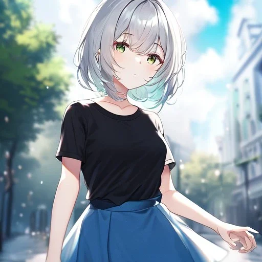 Clear focus, High resolution, light grey short hair, dark green eyes, wearing a black t-shirt and blue skirt, fluffy hair