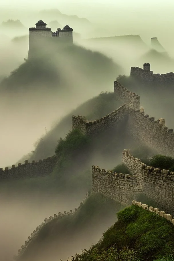 Great wall China in the misty morning