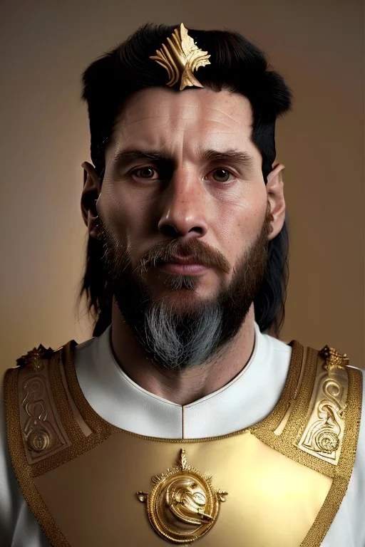 Ultra Realistic image, sculpture, white marble material with gold veins, Lionel Messi, gold laurel leaves crown, gold ornaments, Renaissance style, sun rays background, waist up portrait, epic, celestial, cinematic lighting, God lights, 4k resolution, smooth details, soft lighting, unreal engine 5, art station, substance 3d.