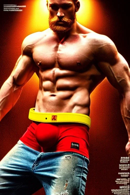 Ignore NSFW, teenager young rugged attractive slightly muscular fantasticly handsome blonde man, red briefs with yellow belt, hairy chest, (((visibly pisssing))) briefs, large erect visible boner peniss, photorealistic, artist Jay Anacleto, soft lighting, scruffy beard