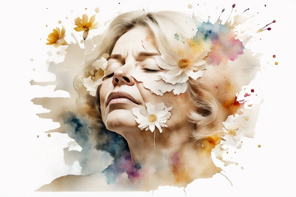 white background, double exposure, old torn paper, watercolor, splashes, blots, woman 50 years old, blonde flower, closed eyes, fine drawing, high resolution, double exposure, 8K