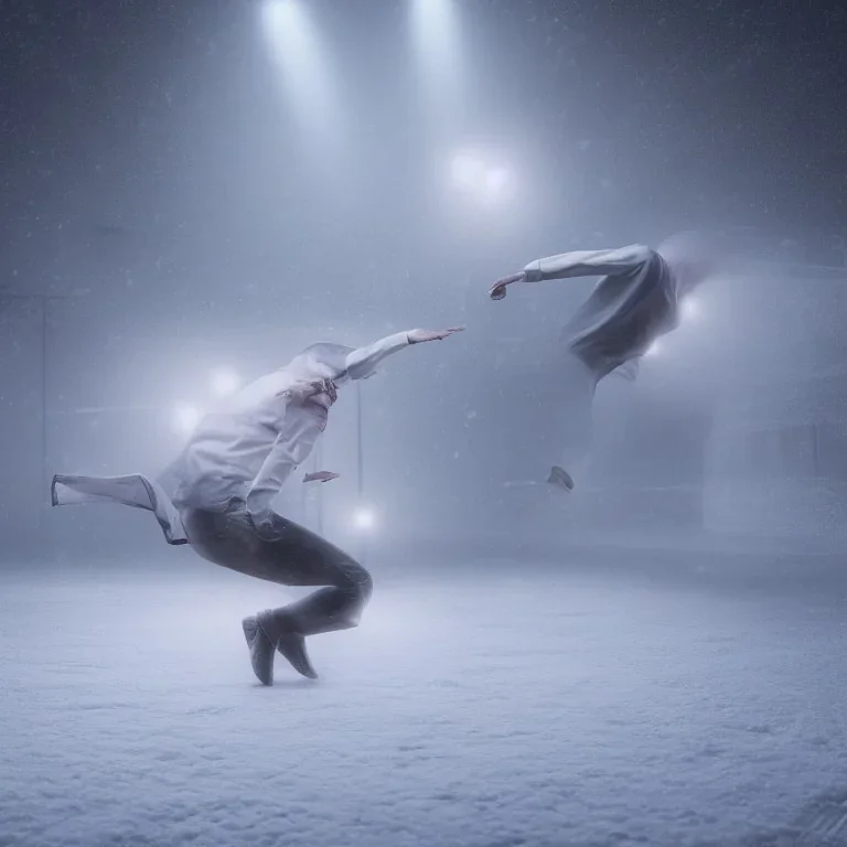 a human car dancing in a snow storm, hyper realistic, unreal engine, 8k, ultra high resolution, realistic, photo, dramatic, oil paint, unreal engine, hyper real, ultra high resolution, 8k, lsd, acid, psychedelic, dancing, video game, mist, light rays