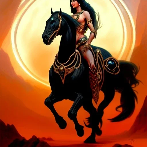 ultra detailed portrait of beautiful Dejah Thoris Riding a Black Horse and wearing a bikini plate armor, extremely detailed digital painting, in the style of Ken Kelly and A.J. Manzanedo and FRANK FRAZETTA and Earl Norem and fenghua zhong and ruan jia and jeremy lipking and peter mohrbacher, mystical colors, rim light, beautiful lighting, 8 k, stunning scene, raytracing