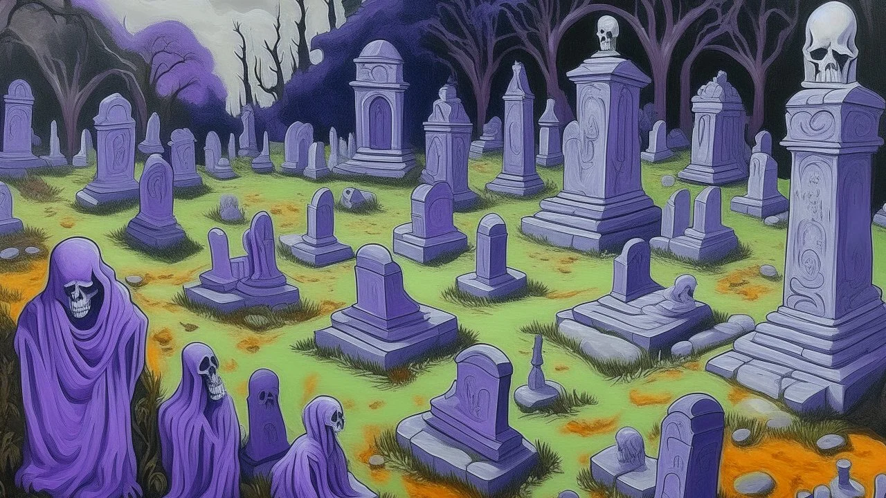 A purple haunted graveyard with ghosts designed in ancient Greek pottery painted by Cai Jia