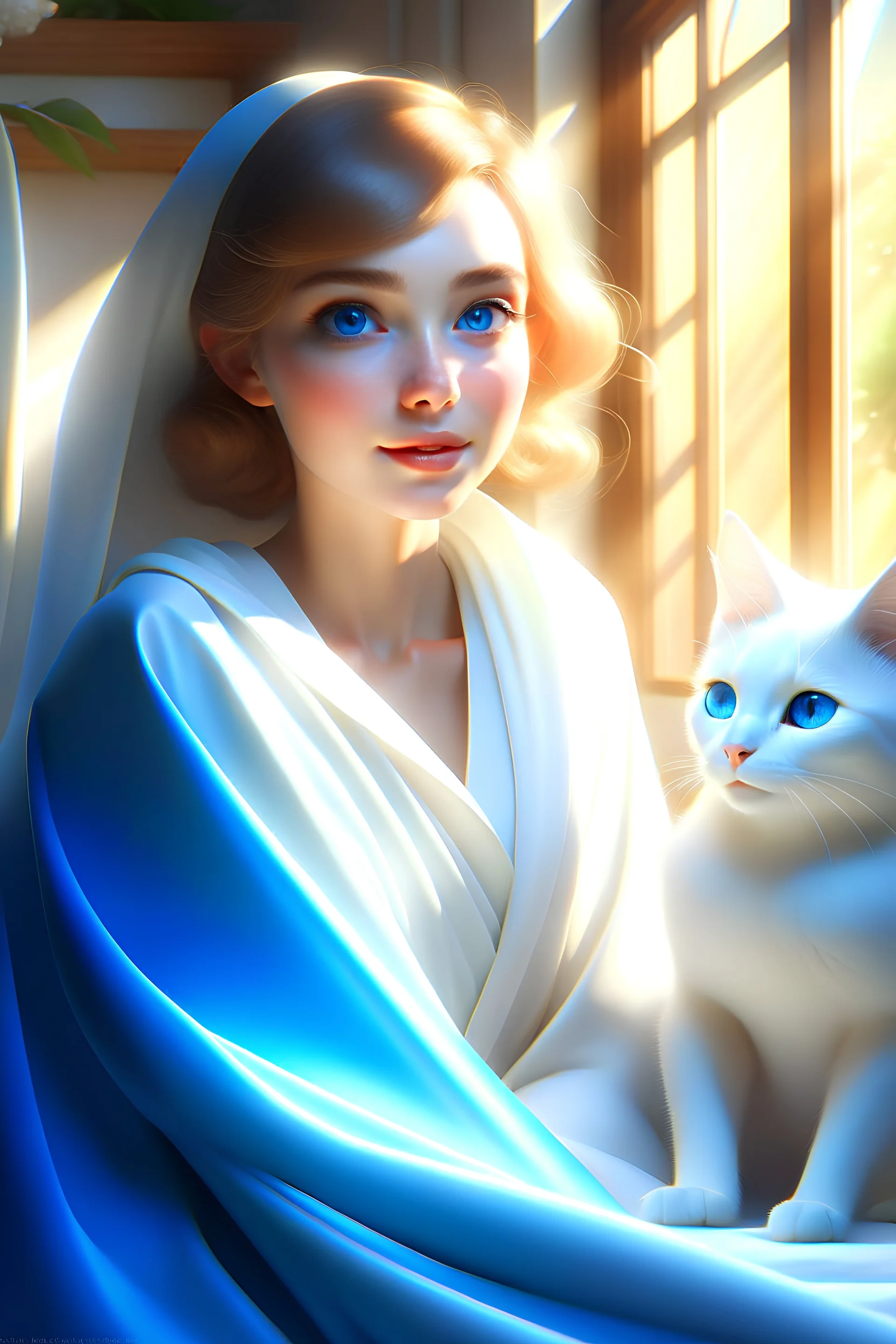 Digital art, high quality, digital masterpiece, natural illumination, sunny day, spotlight, realistic, pixar style, beautiful, (full body:3), (1 beautiful catgirl:3), (pale skin eyes:1.8), (Big blue eyes:1.6), thin body, (white robe:1.8), (:3)