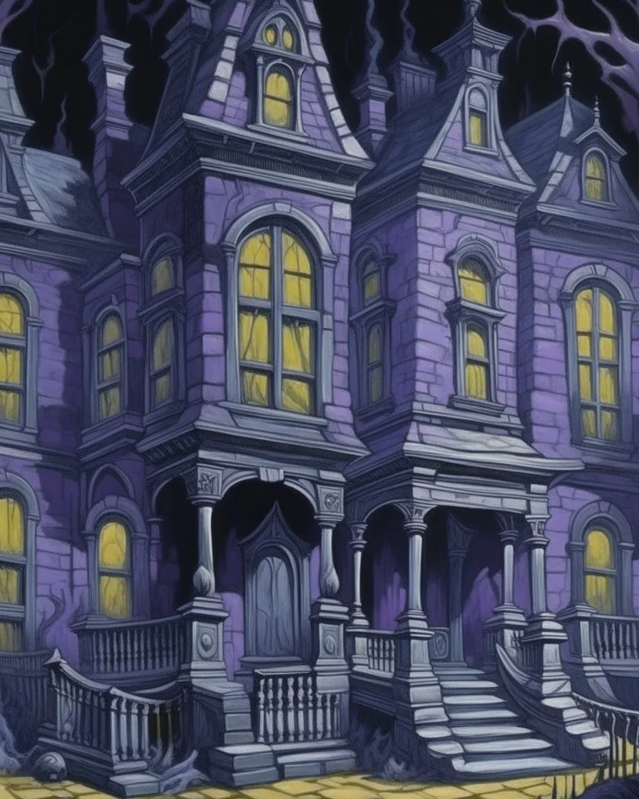 A grayish purple haunted mansion filled with ghasts painted by Vincent van Gogh