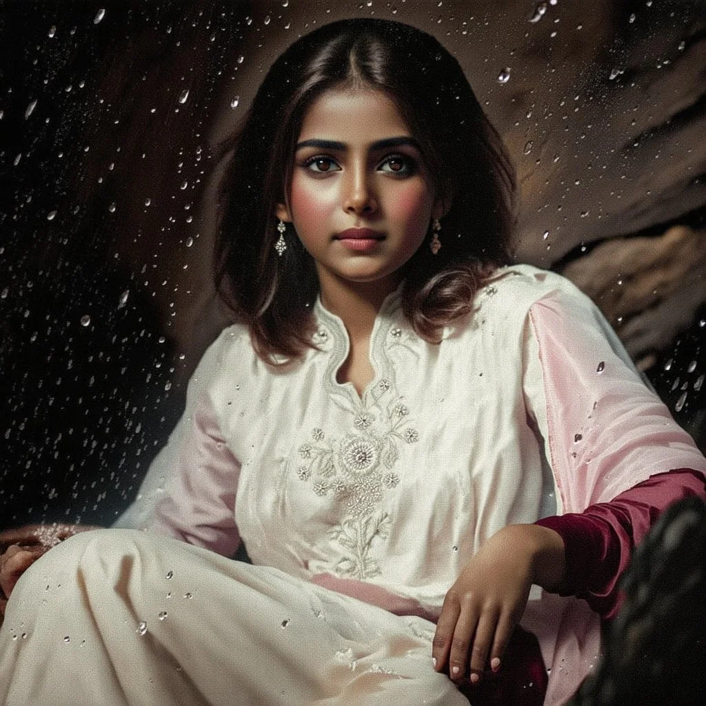 Hyper Realistic Photographic Outside View Of A Gorgeous Pashto Girl (Wearing Burgundy Colored Dress With Detailed White Embroidery & Pink Dupatta) Sitting In A Cave With Little-Bonfire, With Heavy Rain Outside Cave With Glowing Little Crystals) Showing Dramatic & Cinematic Ambiance.