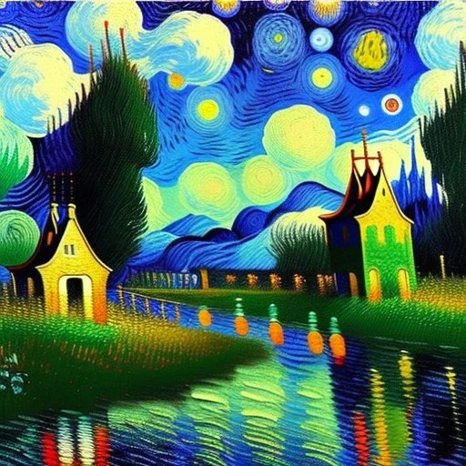 Dibujo al oleo de una pradera con una casa y un rio con cocodrilos con muchas nubes de colores estilo Vincent van Gogh