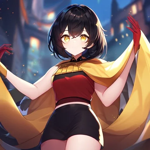 Clear focus,High resolution, Black short fluffy hair, and yellow eyes, wearing a black short skirt, sleeveless crop top, wearing long dark red gloves, yellow cloak