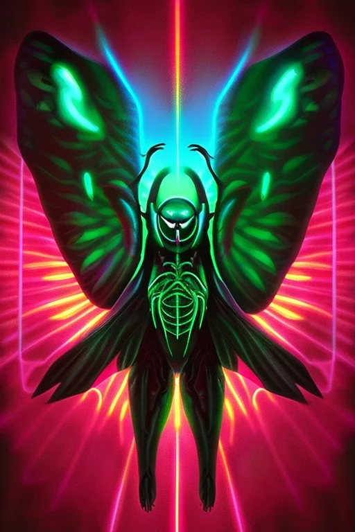 Alien Mothman, fluorescent, bright, neon, hyperreal