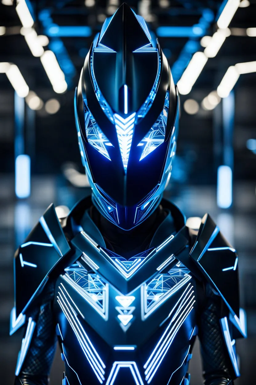 neon blue, floating parts of armor in form of light triangles, cyber armor, geometric patterns on armor, male, orbiting triangle