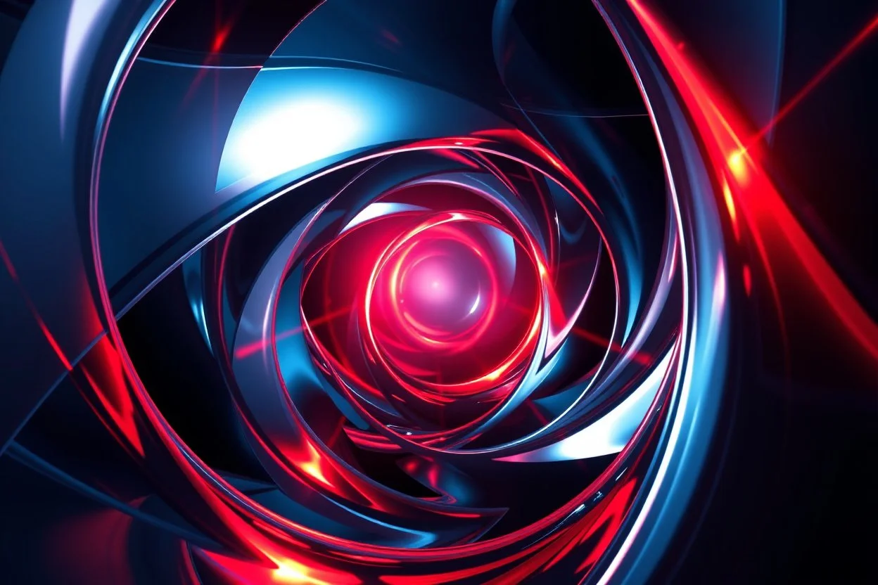 Futuristic Glass & Light Vortex High-end abstract digital artwork featuring smooth, metallic, and glassy curved shapes swirling into a central vortex. Vibrant red and orange glowing light emanates from the center, casting a warm radiance against deep indigo and black tones. Sleek reflective surfaces, intricate geometric twists, and a dynamic sense of motion. Cinematic sci-fi aesthetic.