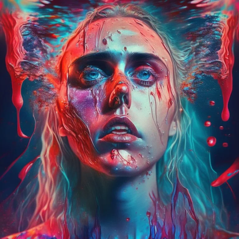 Singer Danish MØ face, blood, guts, wildflower, cosmic, futuristic, iridescent, intricate, background liquid,