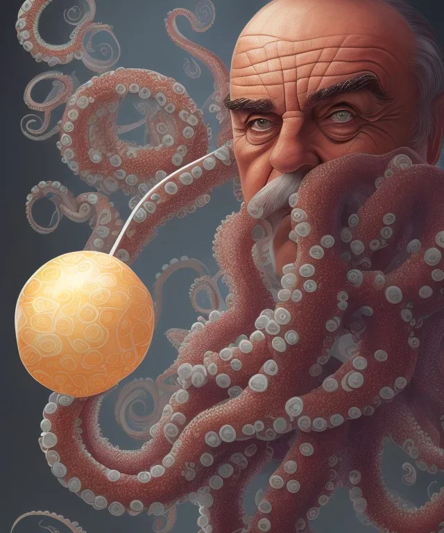 Sean Connery holding a giant lollipop in his left hand and an octopus in his right hand