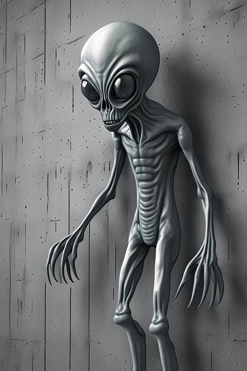 a gray alien standing by a wall pissing on wall back view he turned face to you scared
