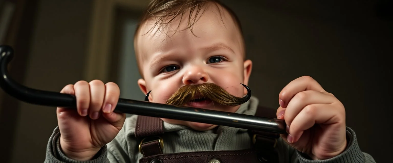crowbar baby mustache thief man