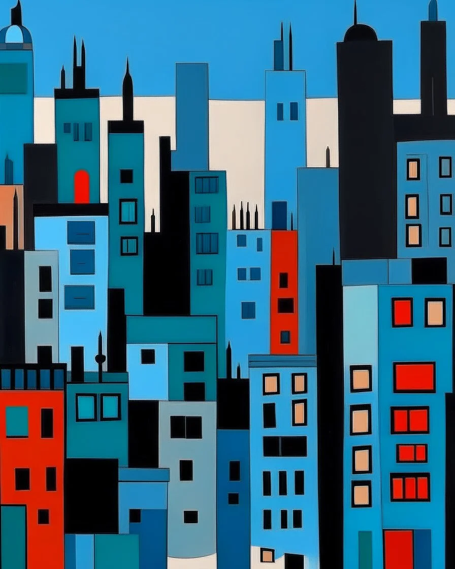 A grayish blue city in twilight painted by Stuart Davis