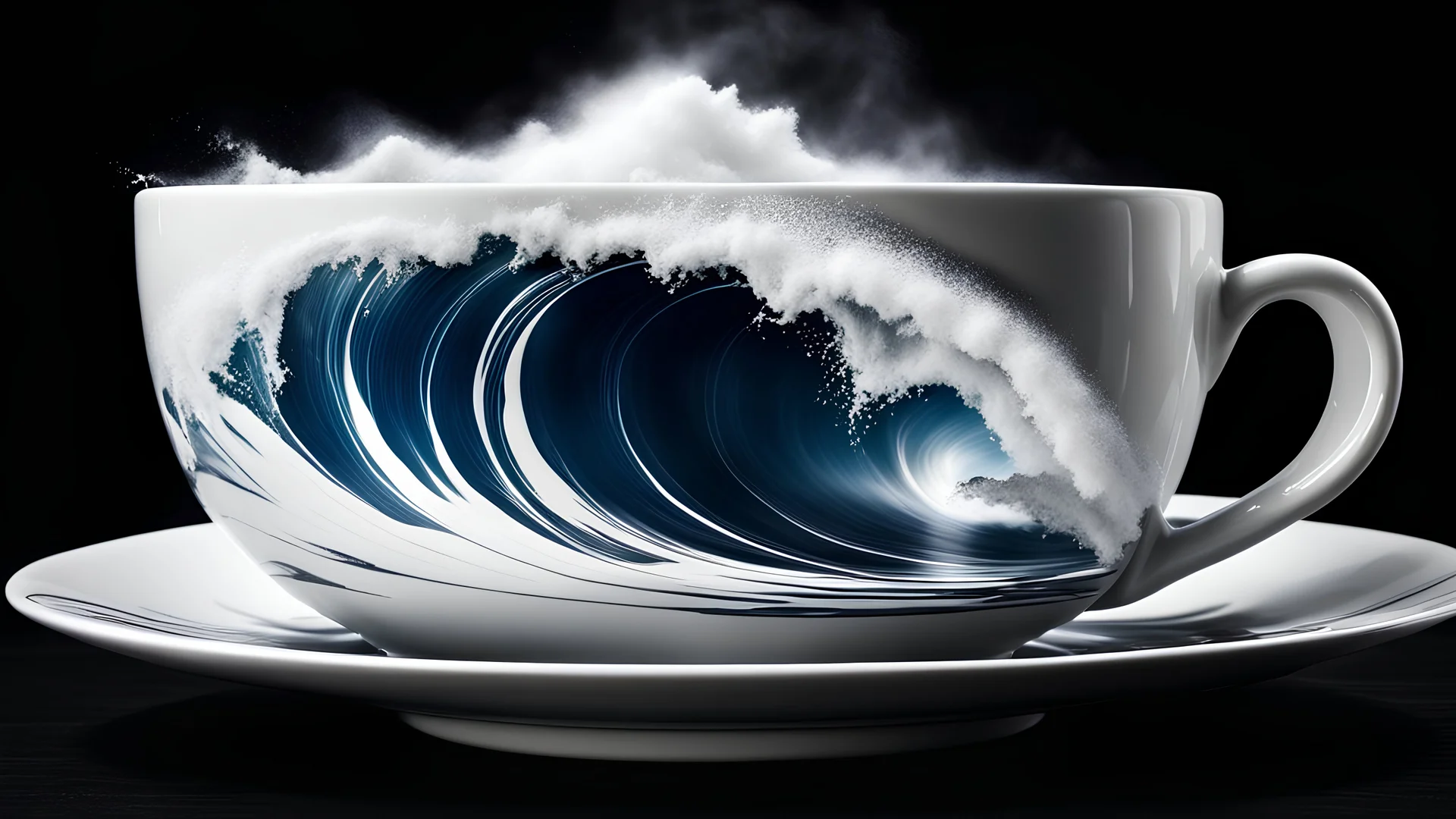 Photo Realistic. Centered. Linear Perspective. A storm entirely inside a white porcelain teacup with a saucer. Large wave cresting. A surfer. Backpropogation algorithm optimization lighting. Black background,