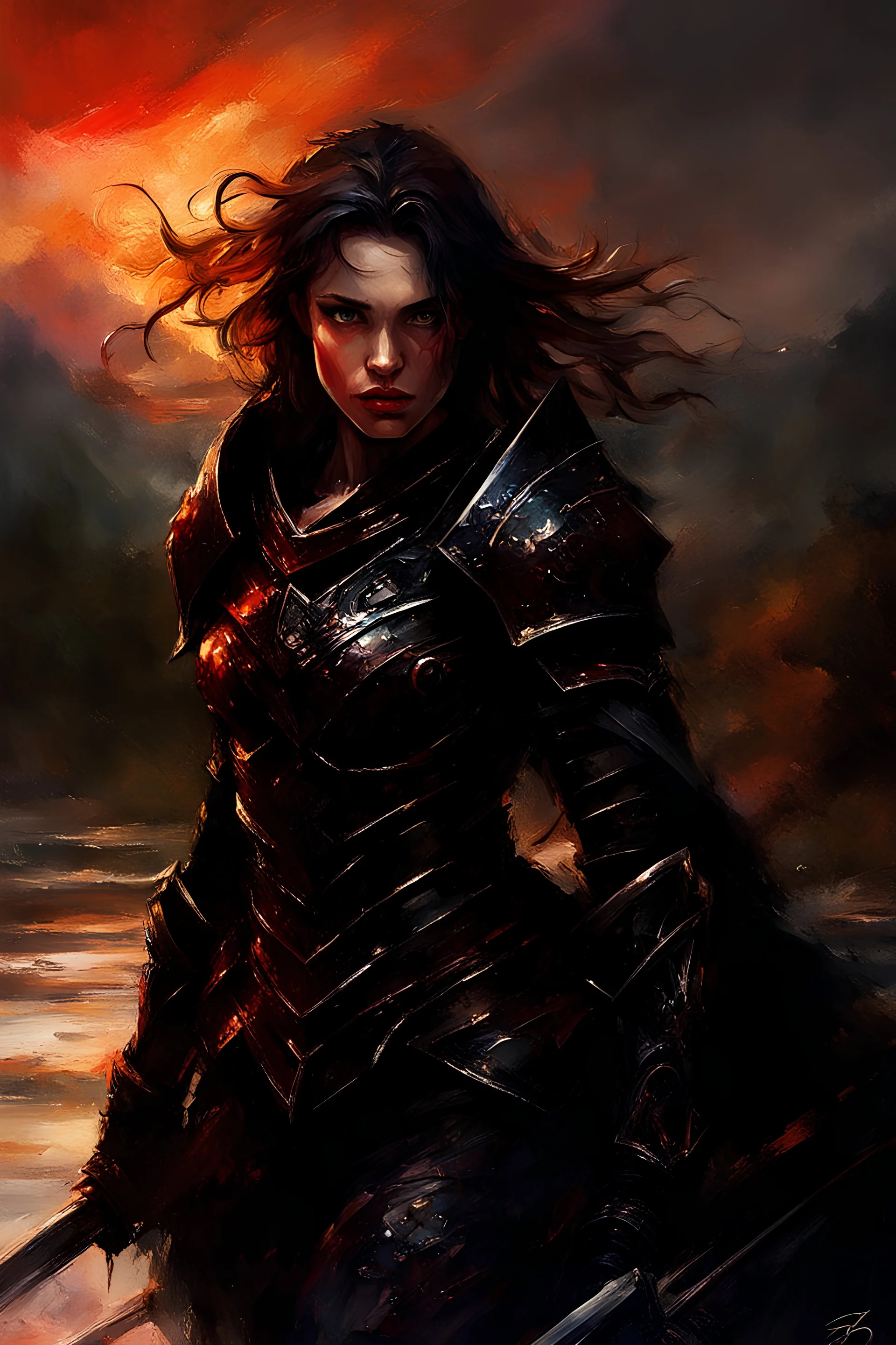 A formidable warrior girl in black armor, on the background Amazing gloomy landscape, flooded with sunset, mountains, trees, fabulous scary hero, , juicy emotions, painting, dark fantasy, bad weather, gloomy day, dark world, by Raymond Swanland & Alyssa Monks & Anna Razumovskaya