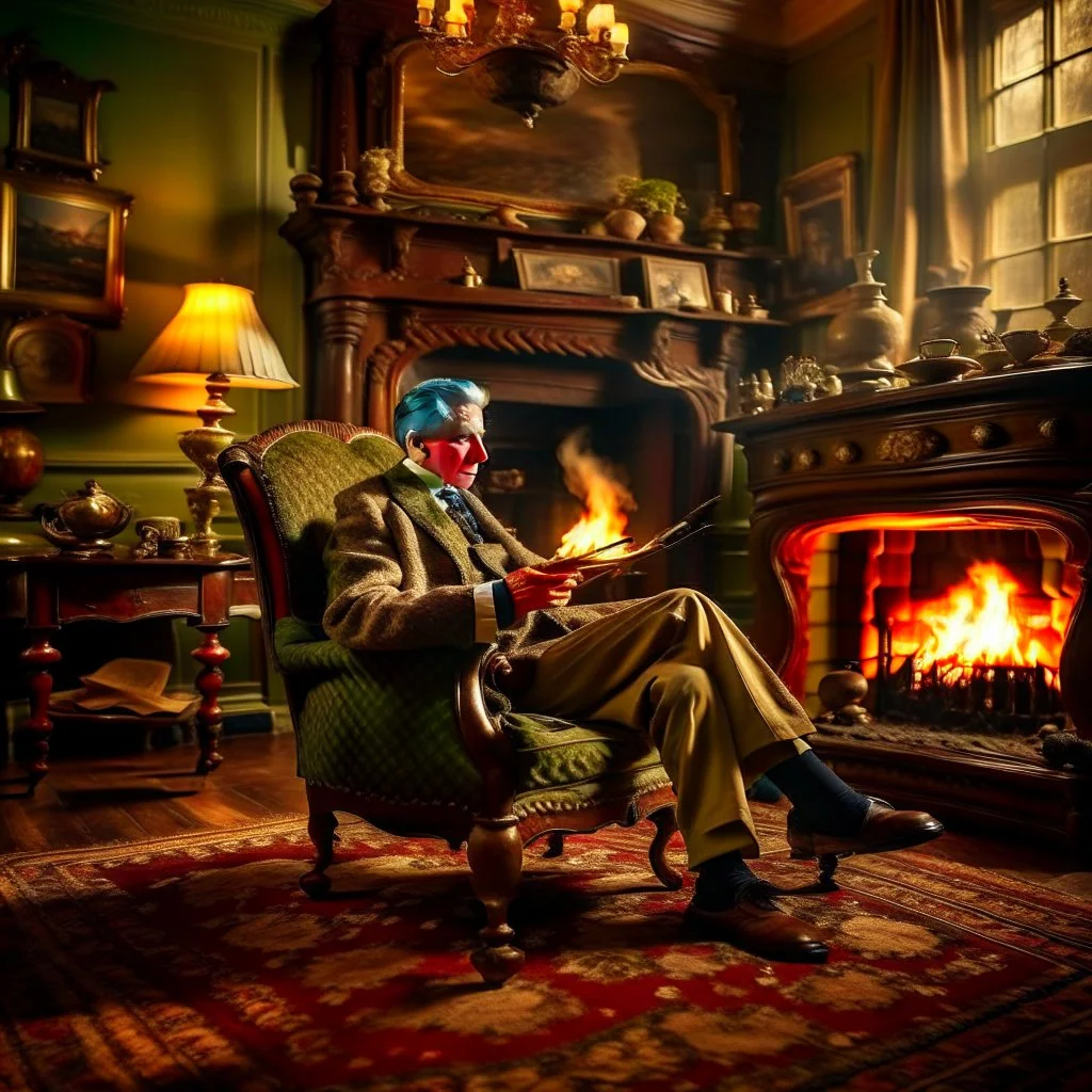 An English gentleman wearing a checkered tweed jacket, wearing slippers, sitting in a wing chair by the burning fireplace, listening to music emanating from an old gramophone, in the background an antique radio receiver standing on a dresser, a bookcase and an oil painting of Queen Victoria, realistic shot, taken indoors In yellowish light, nostalgic atmosphere, 12K