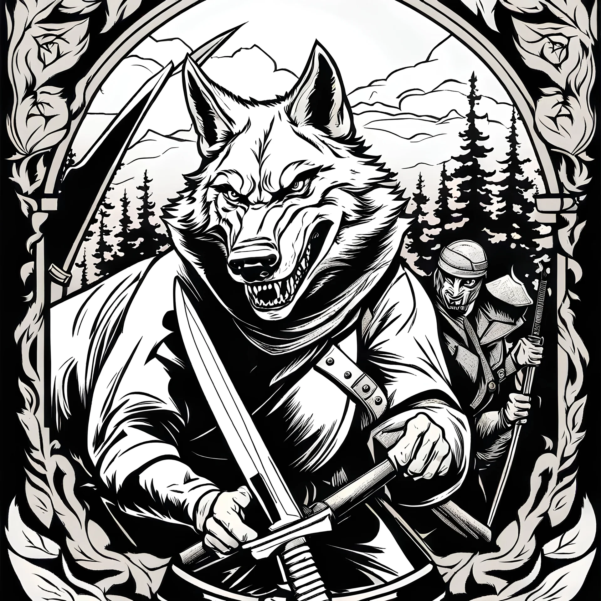 Propaganda poster black and white killing stabbing vicious evil wolf with bayonet lineart